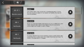 The list of cutscenes displayed in the Intelligence menu for a Side Story, in this example, Operation Originium Dust.